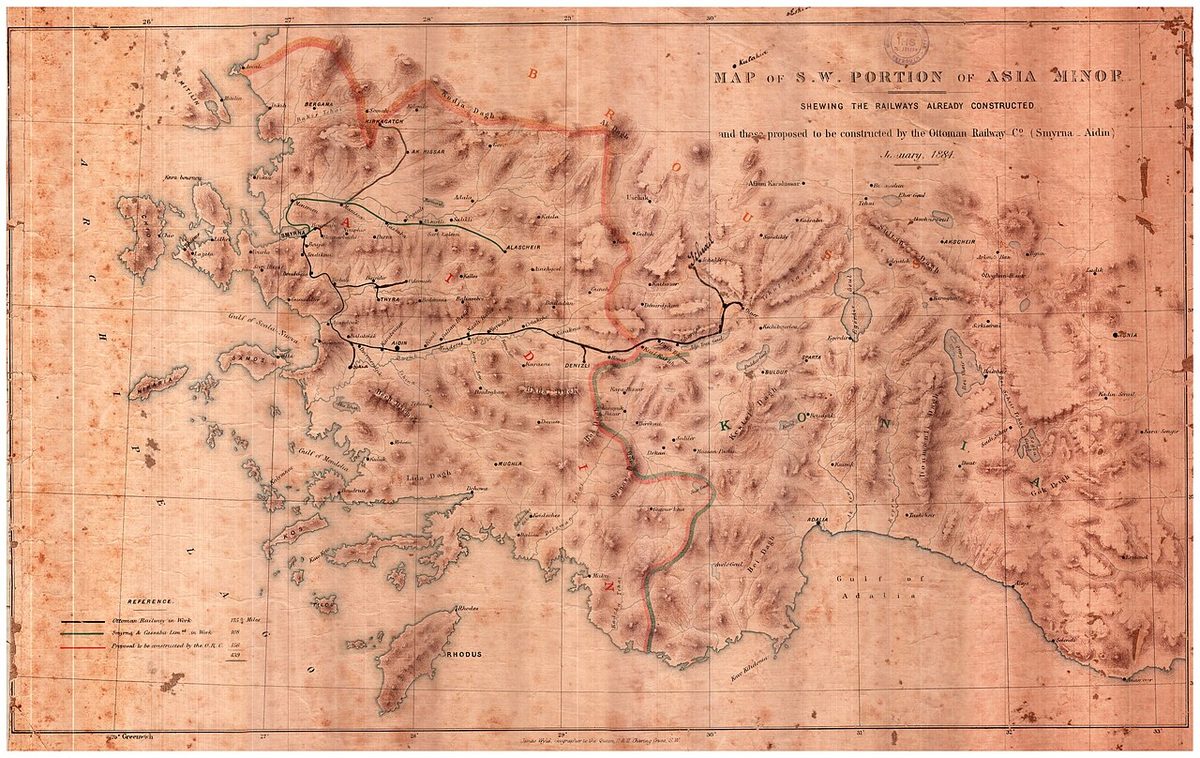 İzmir-Aydın demiryolunu gösteren 1884 tarihli harita