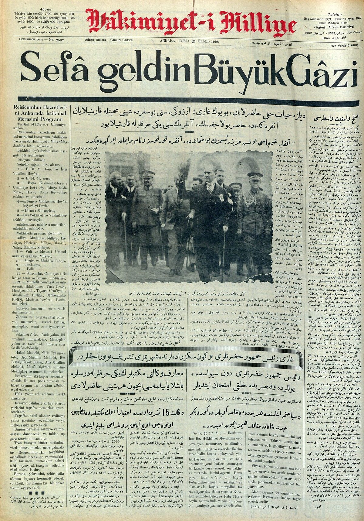 Hâkimiyet-i Milliye gazetesinin 21 Eylül 1928 tarihli sayısı