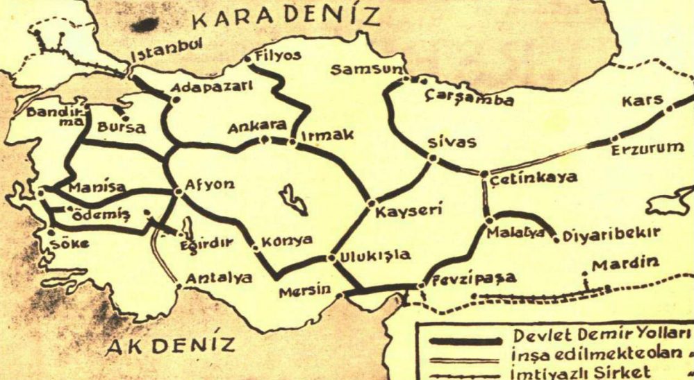 1936 yılına ait Türkiye demiryolları haritası