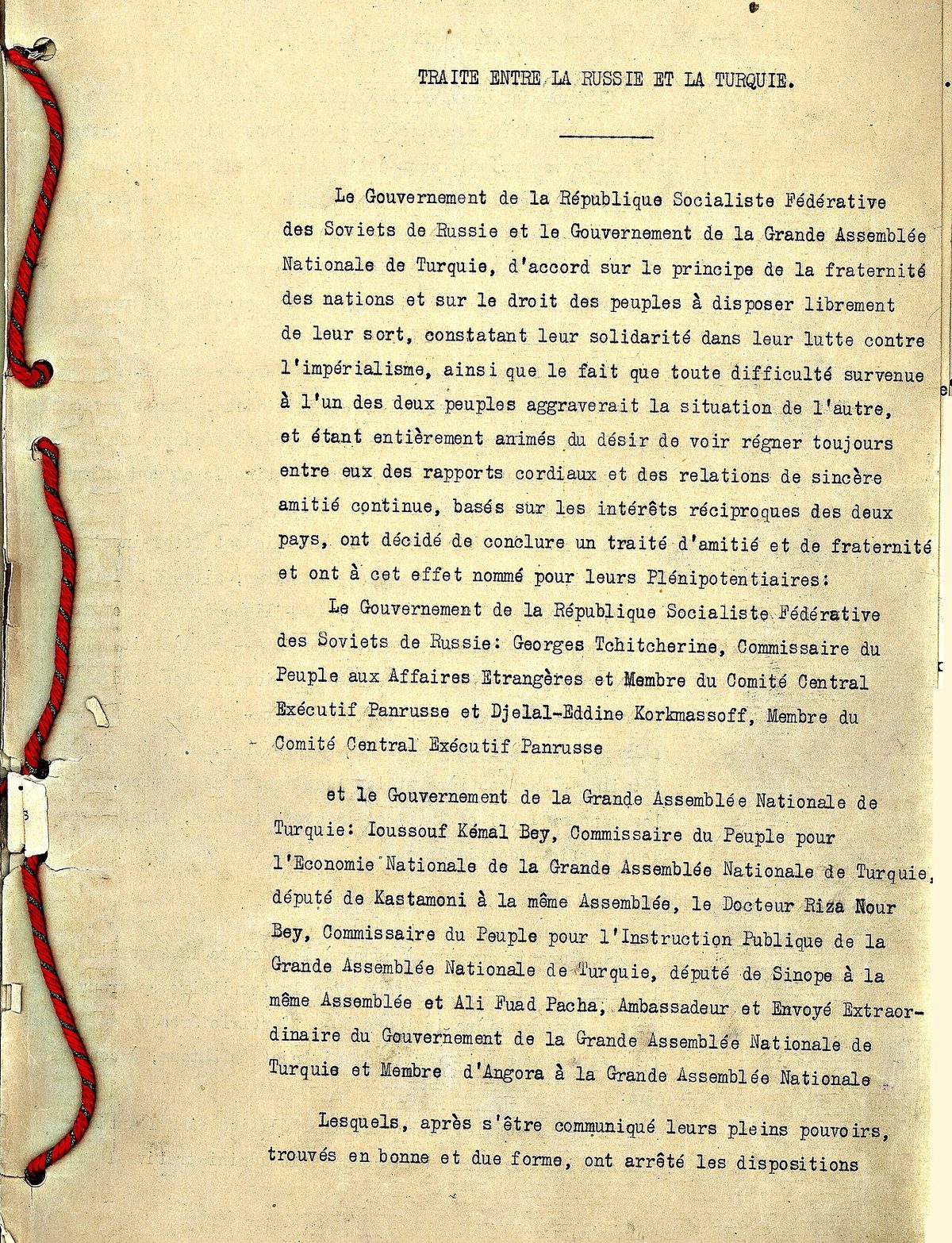 16 Mart 1921 tarihli Moskova Antlaşması metninden bir sayfa