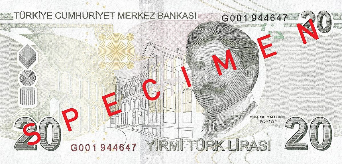 Mimar Kemaleddin portresi ve Gazi Üniversitesi Rektörlük Binası'nın yer aldığı 20 lira banknotun arka yüzü