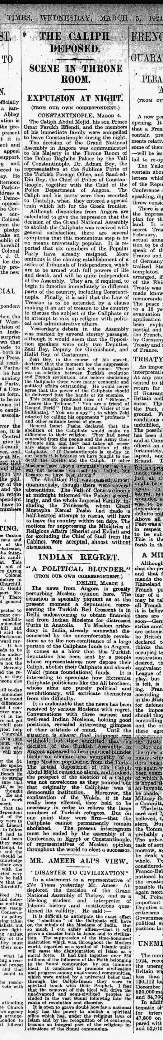 The Times gazetesinin 4 Mart 1924 tarihli halifeliğin kaldırılması haberi