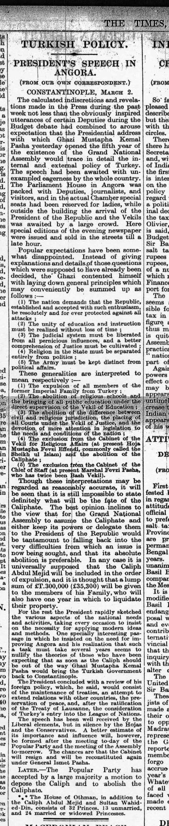 The Times gazetesinin 2 Mart 1924 tarihli hilafet haberi