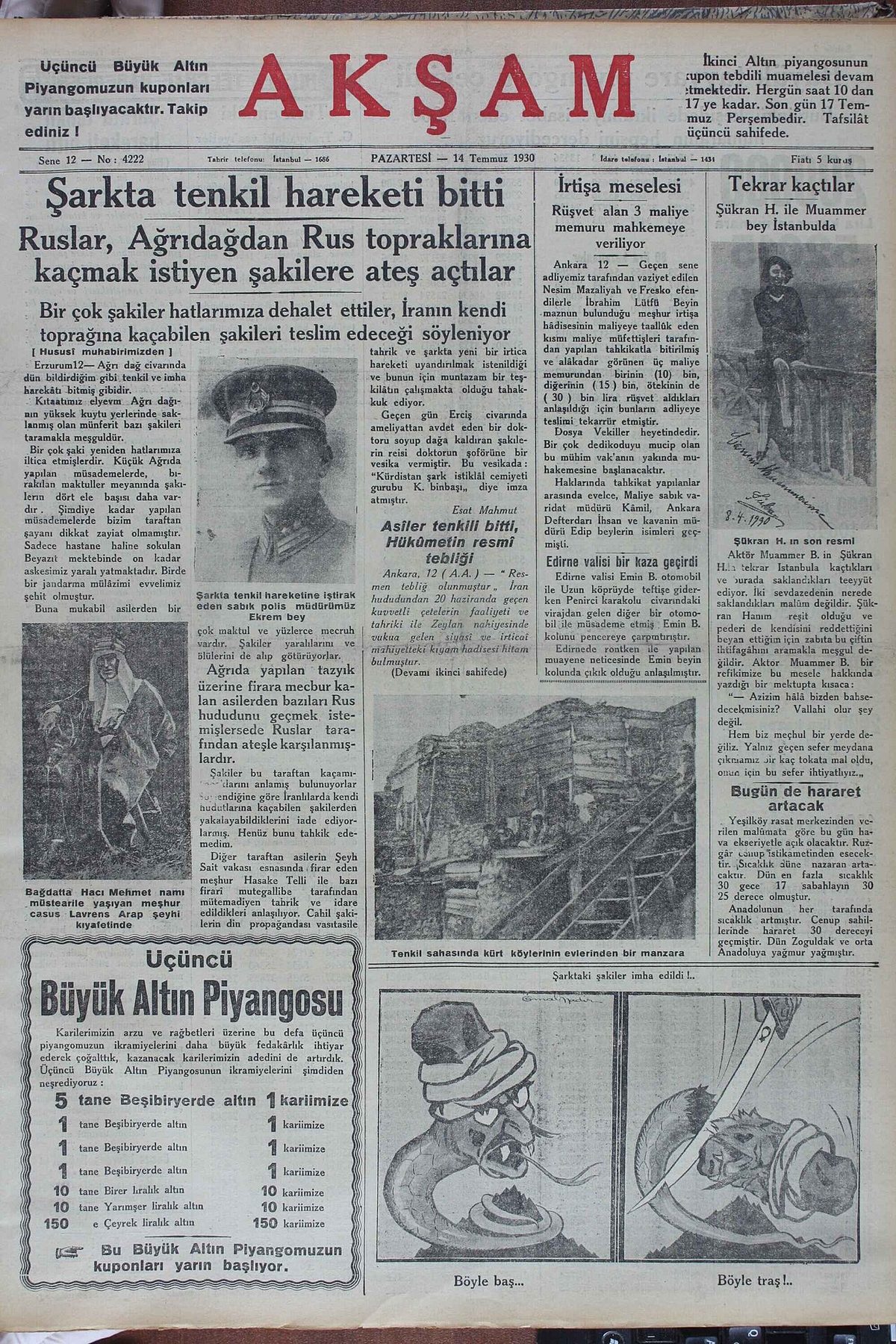 Akşam gazetesinin 14 Temmuz 1930 tarihli sayısı
