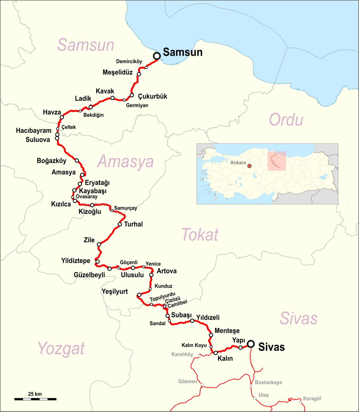 Samsun-Sivas demiryolu güzergâhı haritası