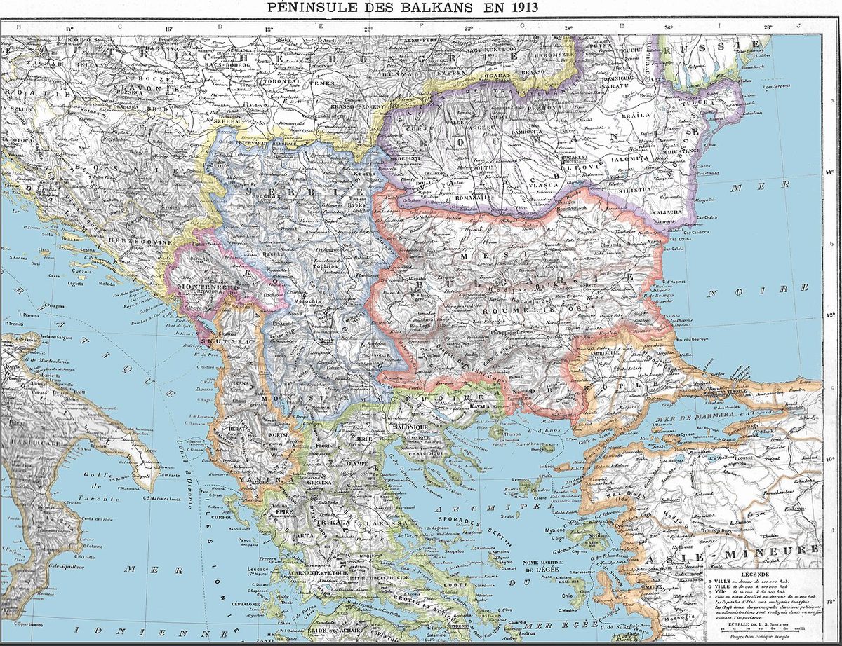 Balkan Savaşları sonunda, 1913'te Balkan yarımadasını gösteren Fransızca harita