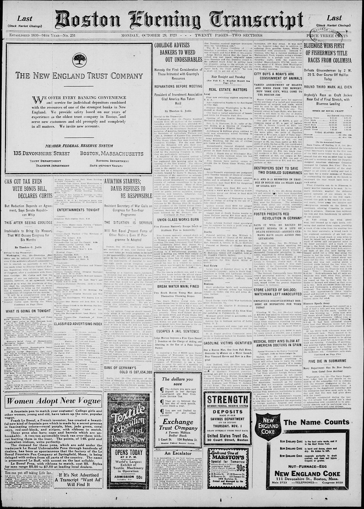Boston Evening Transcript gazetesinin 29 Ekim 1923 tarihli ilk sayfası