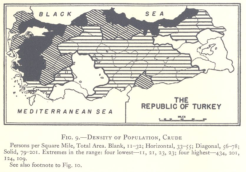 1927 sayımına göre Türkiye'de nüfus yoğunluğu haritası