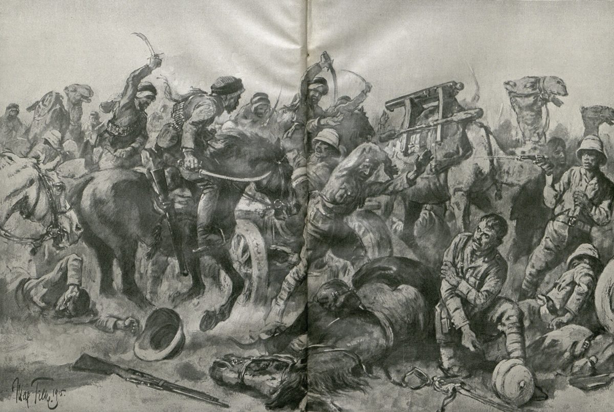 Selman-ı Pak'tan sonra geri çekilen İngiliz birliklerine Türk gönüllü süvarilerinin saldırısını gösteren 1915 tarihli resim