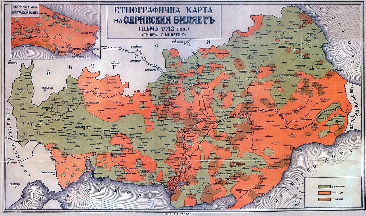 1912 yılına ait Trakya'nın etnografik haritası