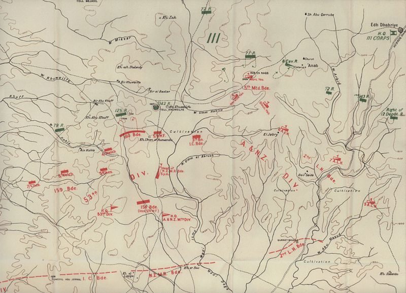 Tel el-Huveylife çarpışmasını gösteren 4 Kasım 1917 tarihli harita