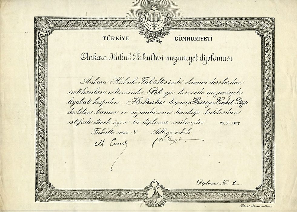 Ankara Adliye Hukuk Mektebi'nin ilk diplomalarından biri