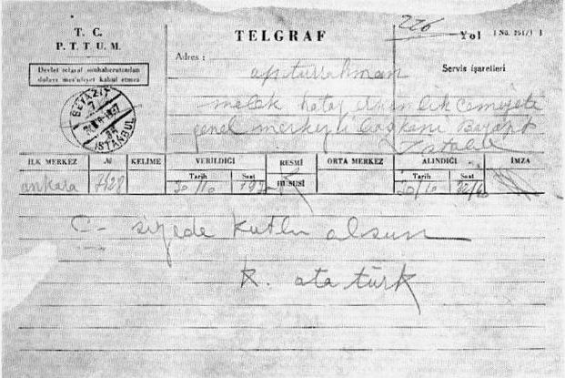 Hatay'daki oylamanın ardından Atatürk'ün gönderdiği kutlama telgrafı