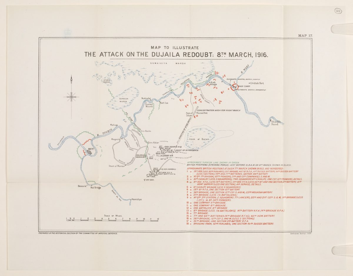 8 Mart 1916 Sâbis (Dujaila) tabyası saldırısını gösteren harita