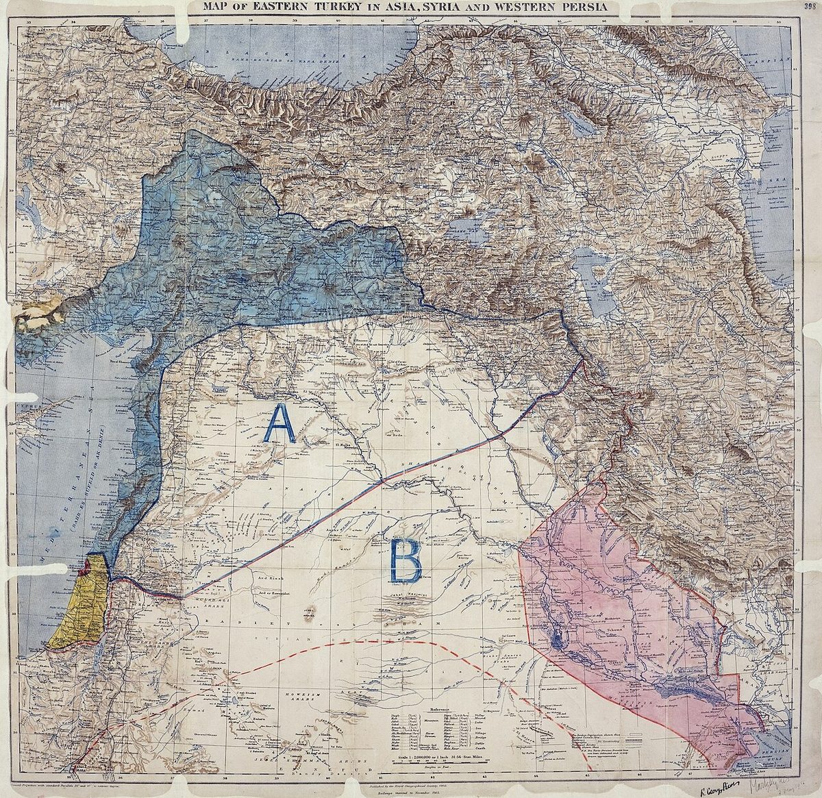 Sykes ve Picot'nun imzaladığı paylaşım haritası, Mayıs 1916