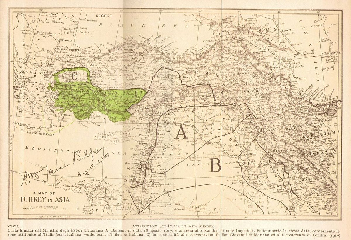 1917 anlaşmasına göre Anadolu'da İtalya'ya ayrılan bölgeyi gösteren harita