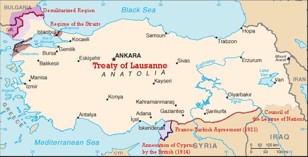 Lozan Antlaşması'na göre Türkiye, Yunanistan ve Bulgaristan sınırlarını gösteren harita