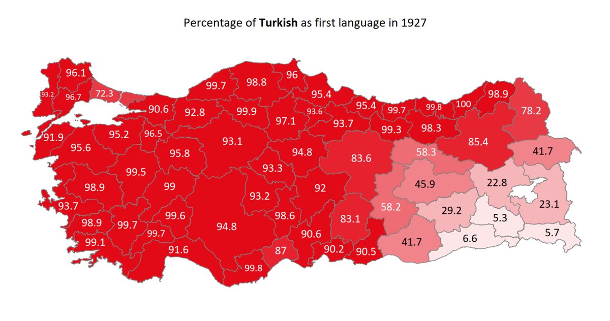 1927 sayımına göre illerde Türkçe anadil oranı haritası