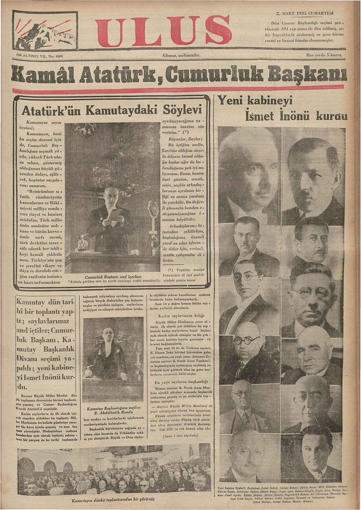 Ulus gazetesinin 2 Mart 1935 tarihli birinci sayfası