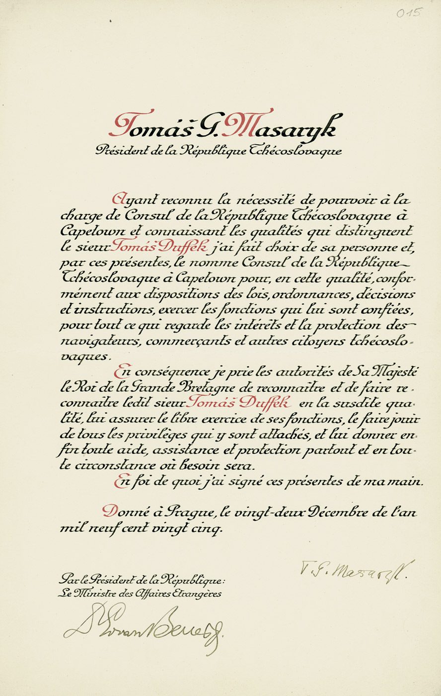 Masaryk ve Beneš imzalı 1925 tarihli bir belge