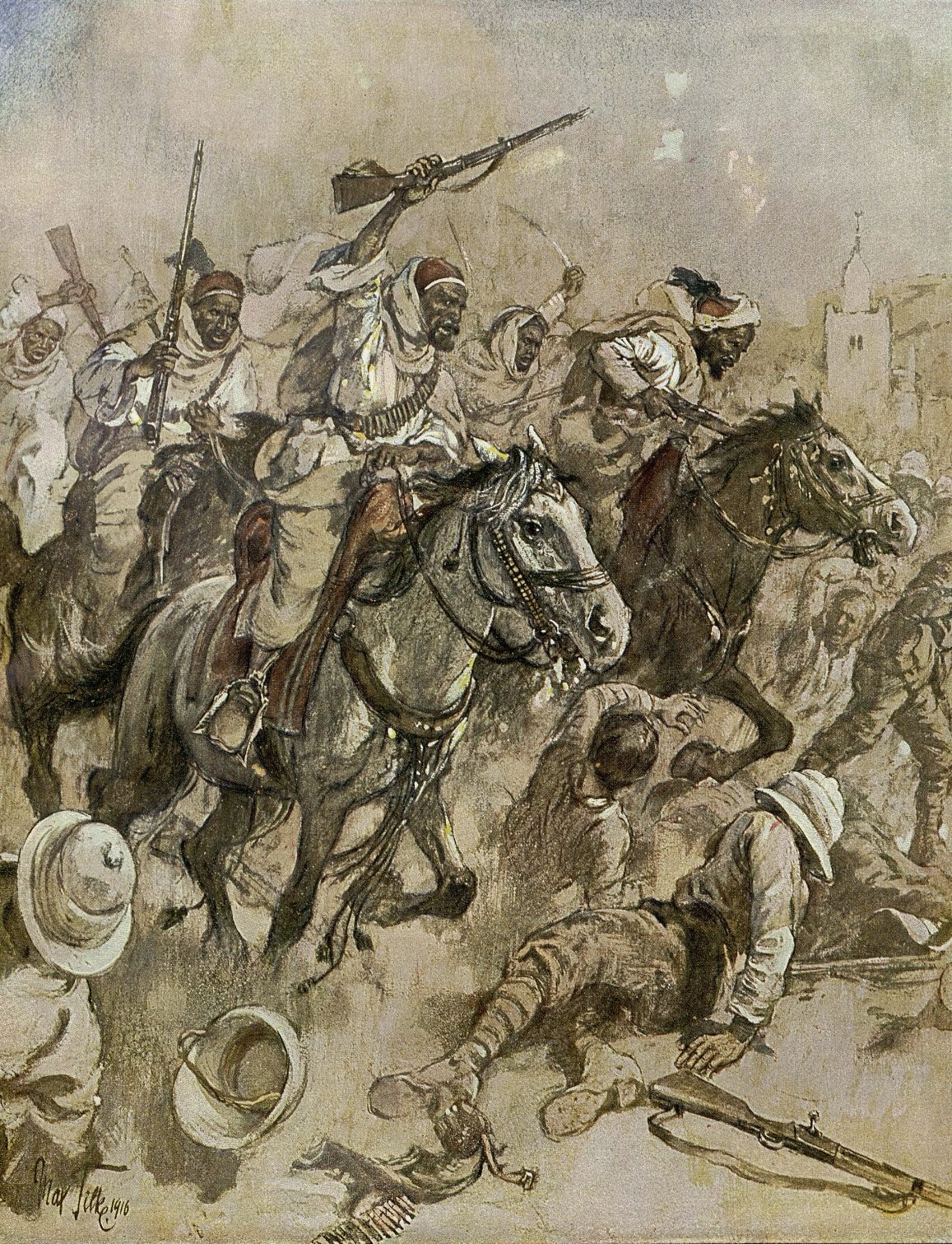 1915 tarihli bir dergide Mersa Matruh çevresindeki Senusi savaşçılarını gösteren çizim