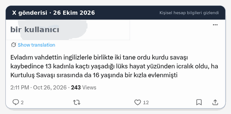 X gönderisi ekran görüntüsü, kişisel hesap bilgileri gizlendi
