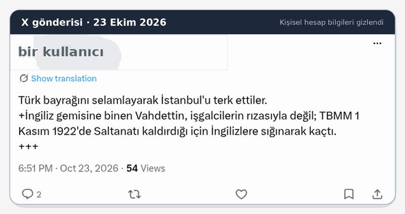 X gönderisi ekran görüntüsü, kişisel hesap bilgileri gizlendi