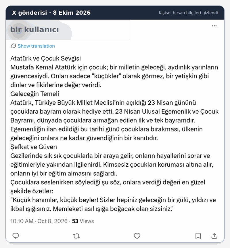 X gönderisi ekran görüntüsü, kişisel hesap bilgileri gizlendi