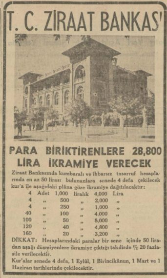 Tan gazetesinde bir Ziraat Bankası ilanı, 1938