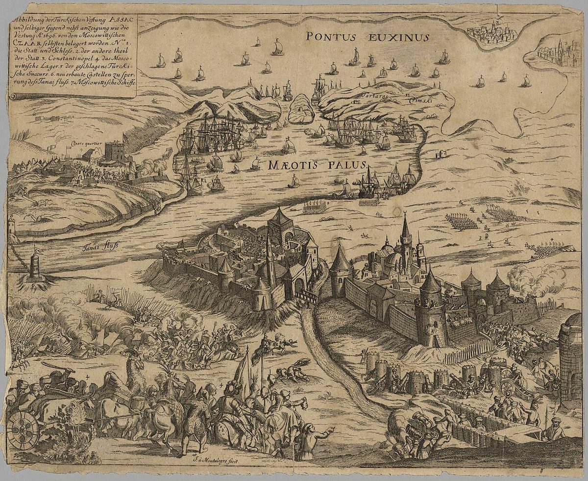 1696'da Azak kalesinin Rus kuvvetlerince alınışını gösteren XVII. yüzyıl sonu gravürü
