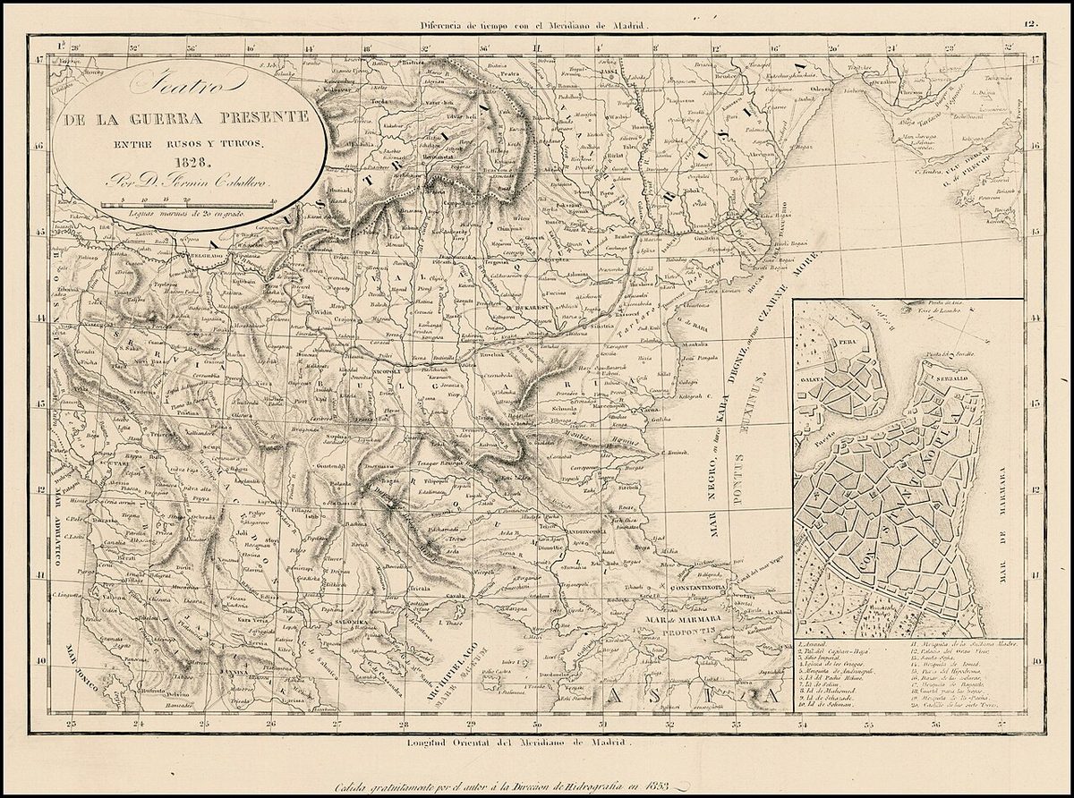 1828–1829 Osmanlı-Rus Savaşı'nın geçtiği bölgeyi gösteren 1853 tarihli Balkan haritası