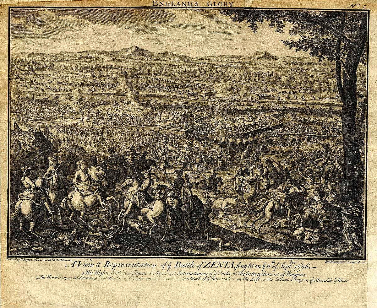 1697 Zenta Muharebesi'ni gösteren İngiliz gravürü