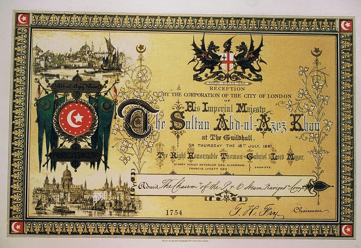 Sultan Abdülaziz için 18 Temmuz 1867'de Londra Guildhall'da verilen resepsiyonun davetiyesi