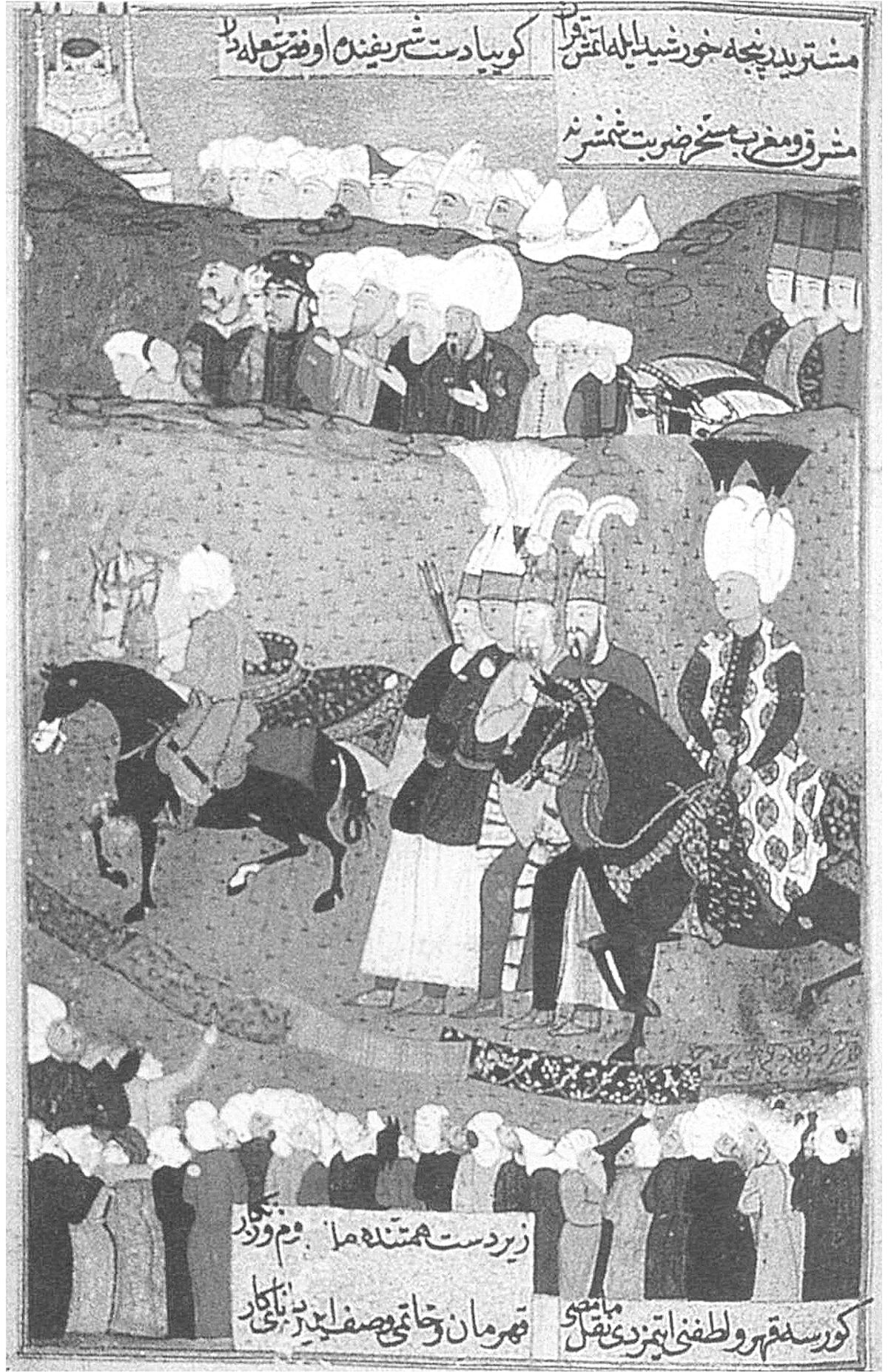 Nâdirî Divanı'ndan I. Ahmed'in Edirne'ye varışını gösteren minyatür (1605 dolayı, Topkapı Sarayı Müzesi Kütüphanesi H.889)