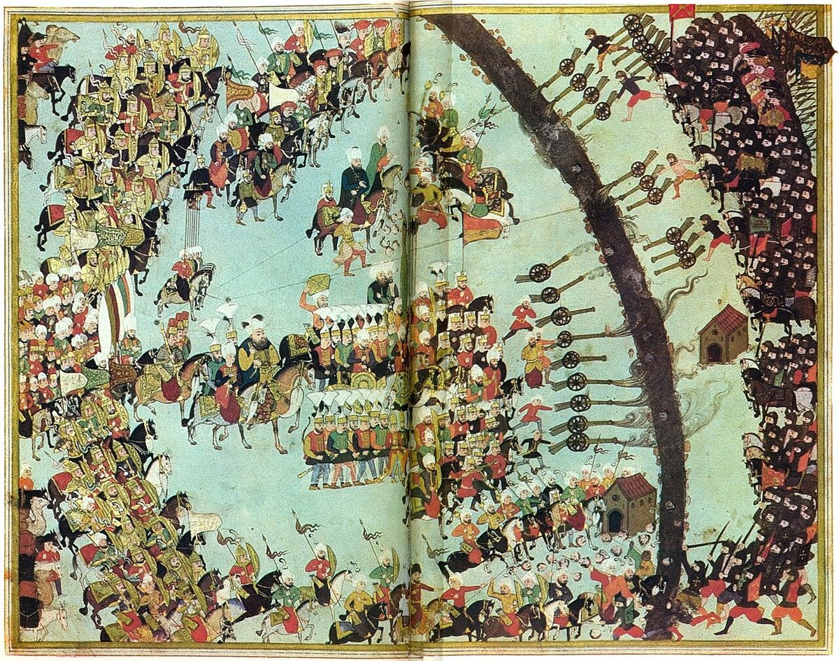 1596 Haçova (Mezőkeresztes) Muharebesi'ni gösteren çift sayfa Osmanlı minyatürü