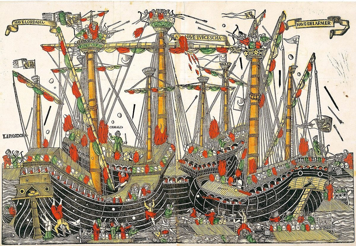 1499 Zonchio (Sapienza) deniz muharebesini gösteren çağdaş Venedik gravürü