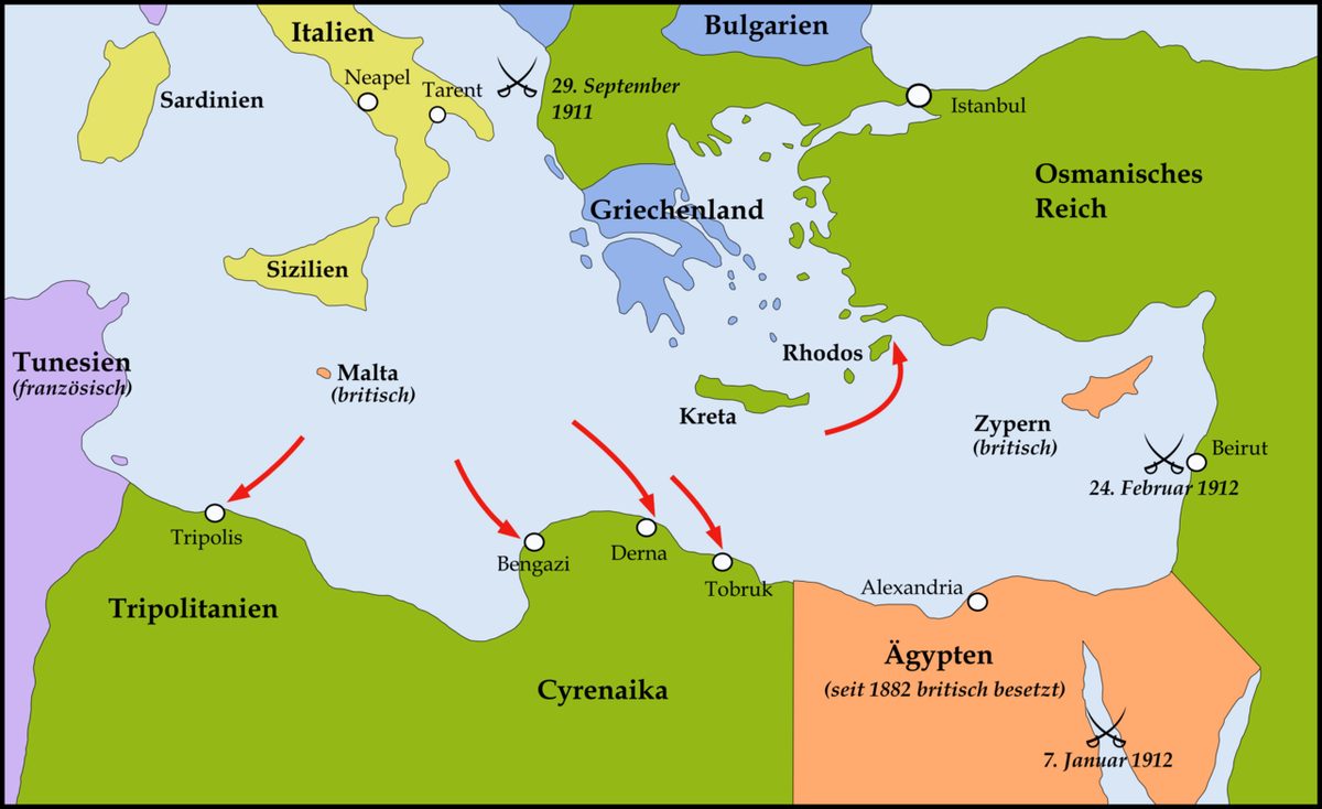 1911–1912 Trablusgarp Savaşı'nın harekât bölgesini gösteren harita