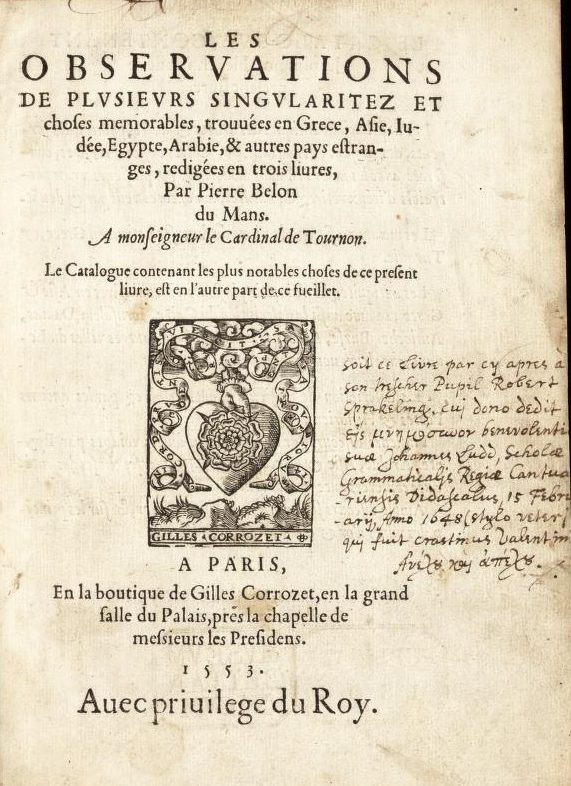 Belon'un 1553 tarihli Observations kitabının başlık sayfası
