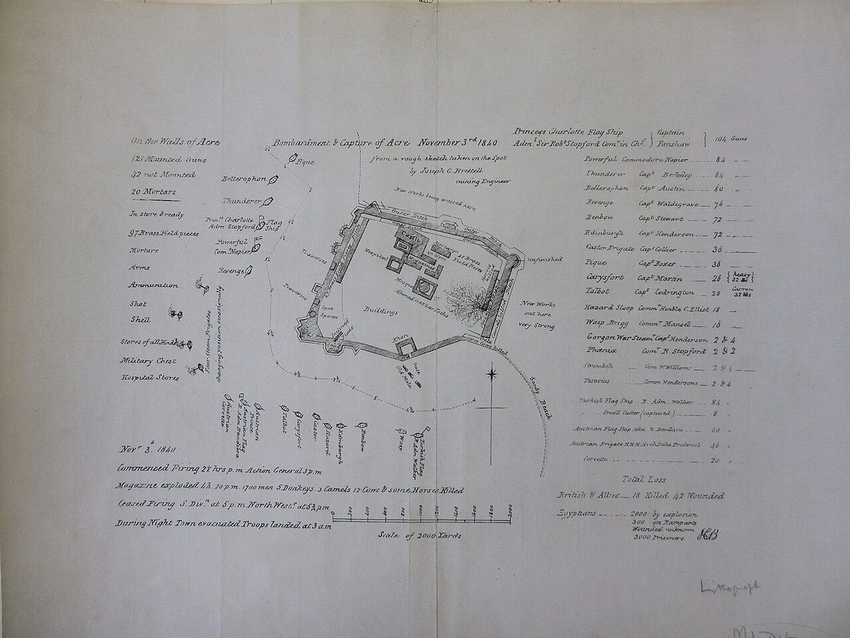 3 Kasım 1840'ta Akka'nın bombardımanını gösteren çizim