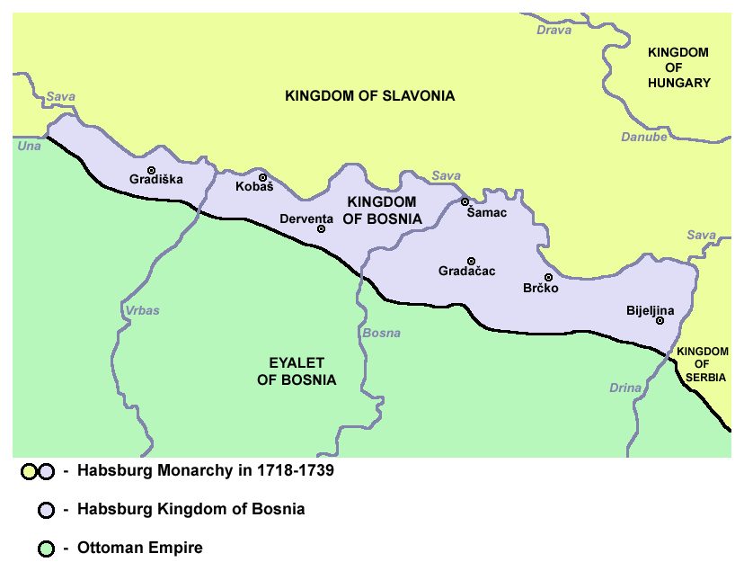 1718–1739 arasında Bosna sınırını gösteren harita