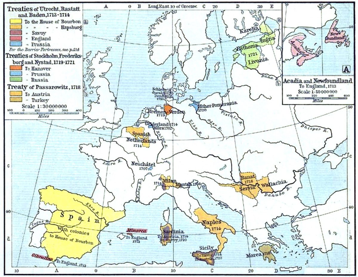 1713–1721 arasında Avrupa'daki antlaşma değişikliklerini gösteren harita