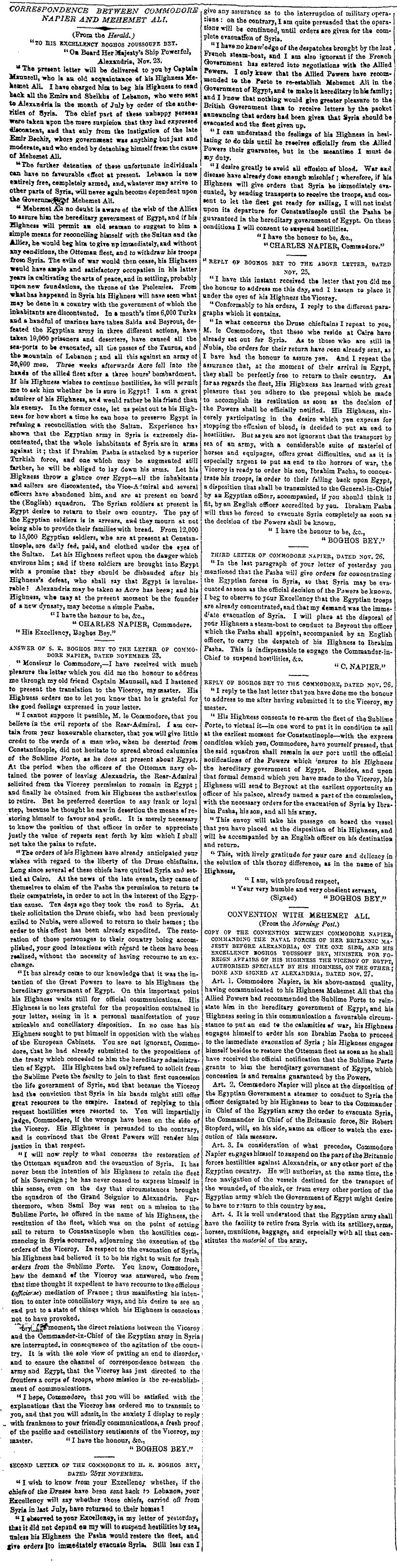 1840 Mısır bunalımına dair bir İngiliz gazetesi sayfası