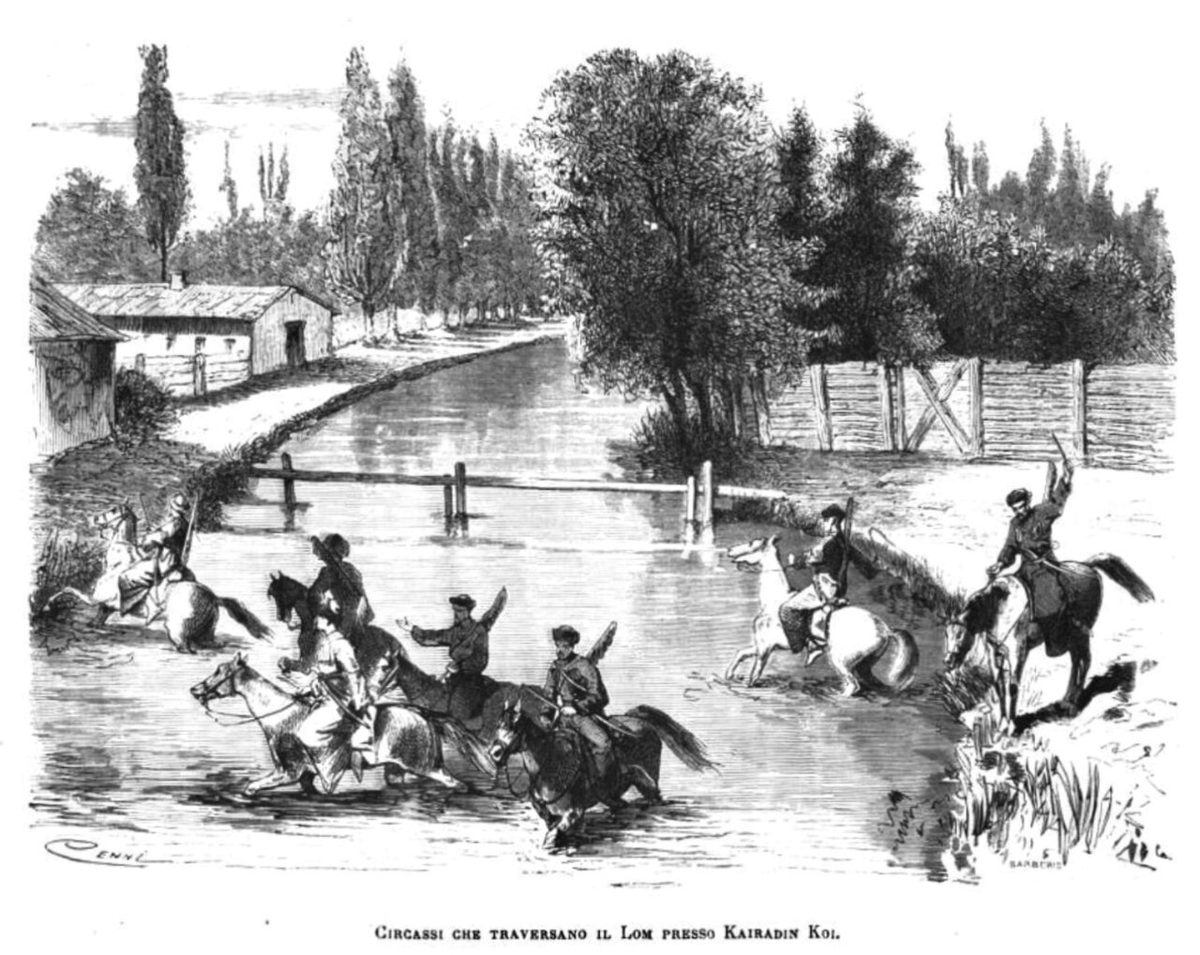 Lom Nehri'ni geçen Çerkes göçmenleri gösteren XIX. yüzyıl gravürü