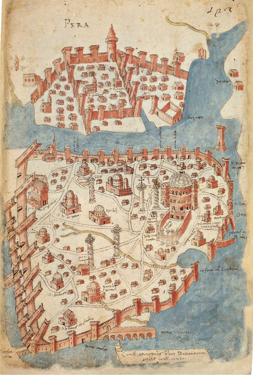 Orta Çağ Konstantinopolis'ini ve surlarını gösteren harita