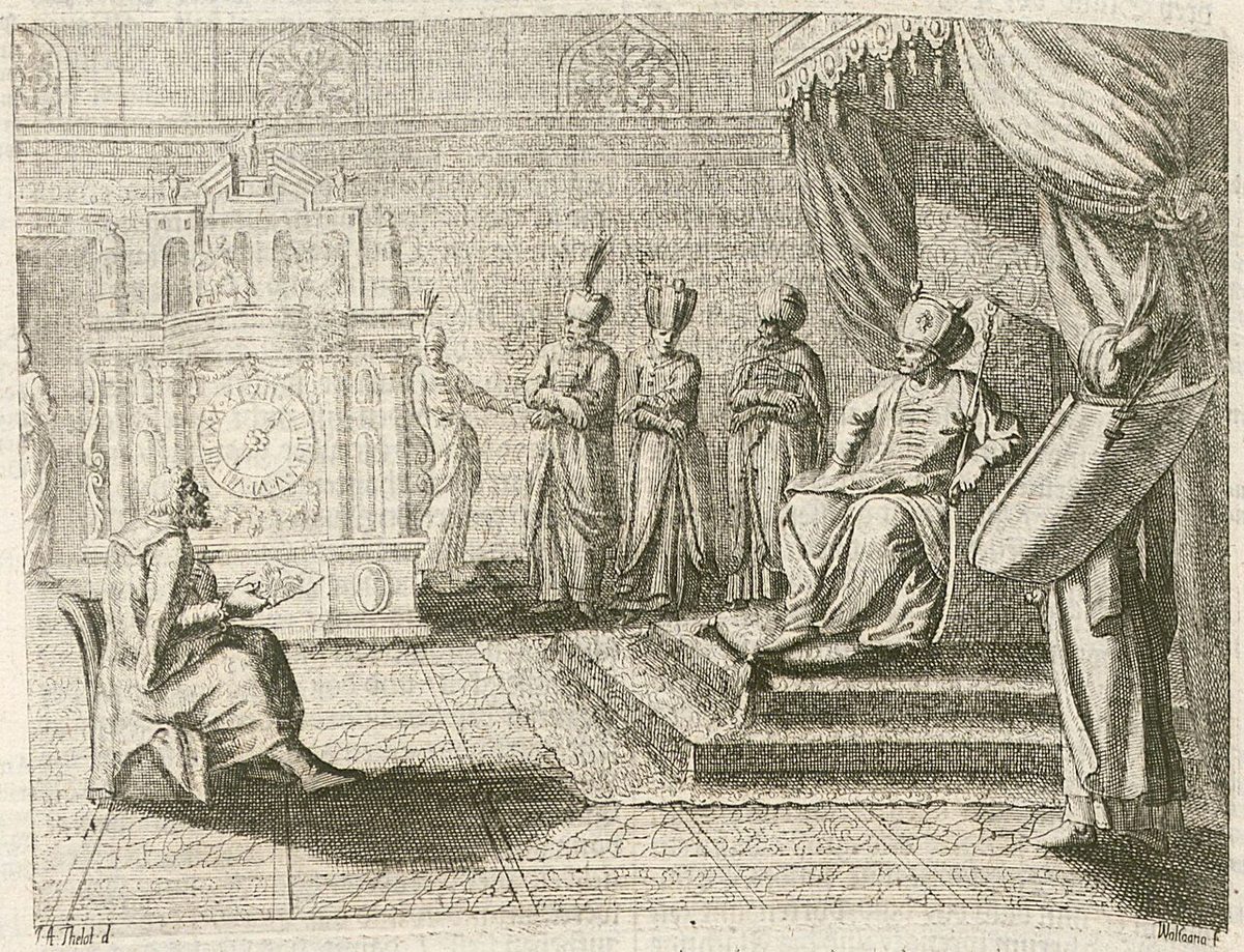 Habsburg elçisi David Ungnad'ın III. Murad'a gümüş bir saat düzeneği sunuşunu gösteren 1585 tarihli tasvir