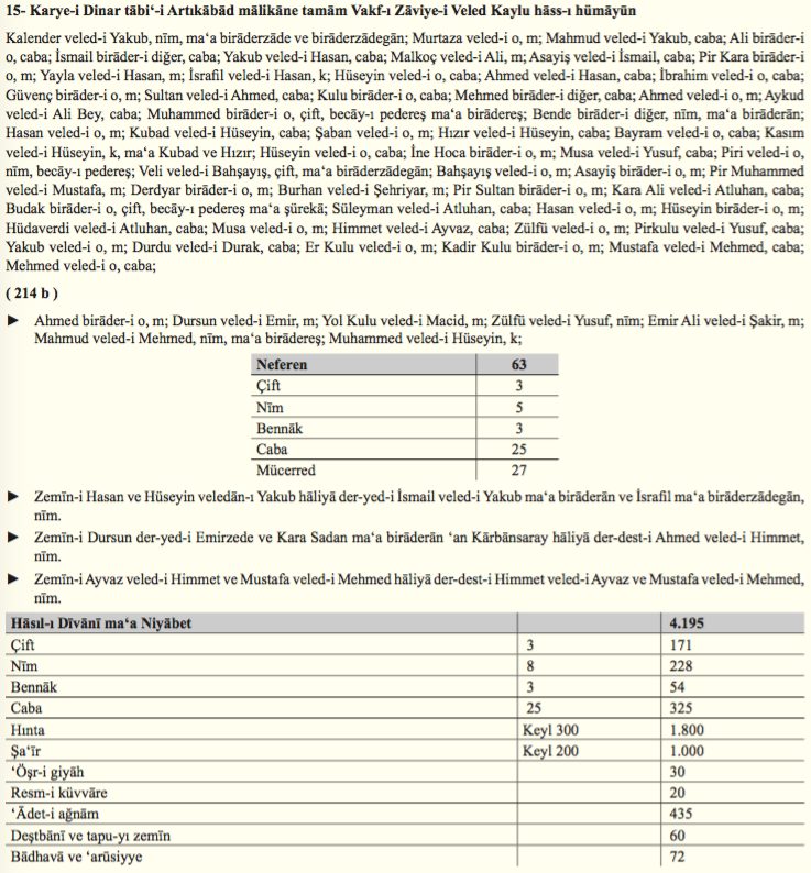 Bir köye ait mufassal tahrir defteri kaydı