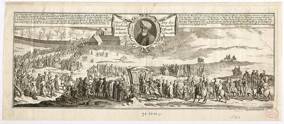 Osmanlı elçisi Ahmed Resmî Efendi'nin 9 Kasım 1763'te Berlin'e girişini gösteren gravür