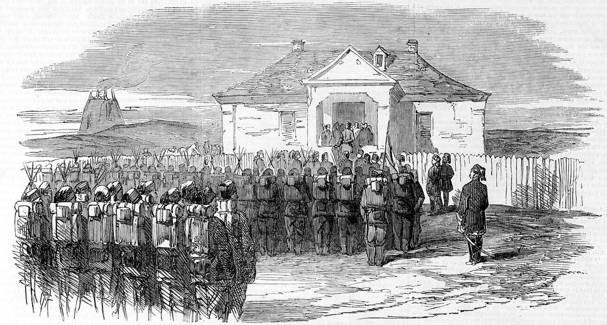 1854'te Çetate Muharebesi'nden sonra Osmanlı askerlerine Mecidiye nişanı dağıtılmasını gösteren resim