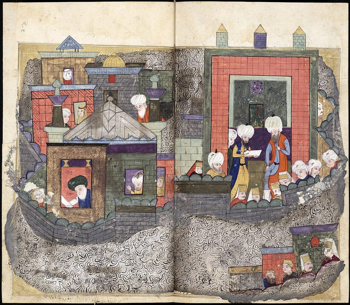 Bodleian Kütüphanesi'ndeki 1597 tarihli Şerefnâme nüshasından II. Bayezid'in tahta çıkışını gösteren minyatür