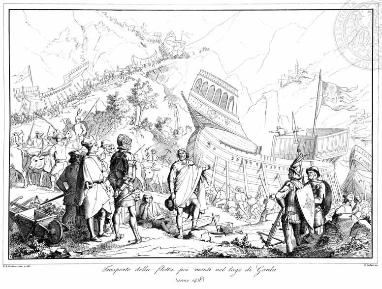 Venedik gemilerinin 1439'da dağlardan Garda Gölü'ne taşınmasını gösteren 1852 tarihli tasvir